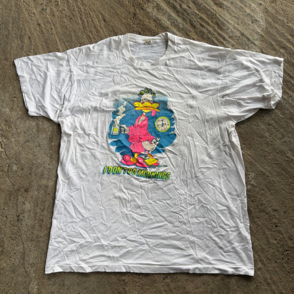 VINTAGE 90S I DONT DO MORNINGS DONALD THE DUCK WHITE TEE SHIRT GRAPHIC XL